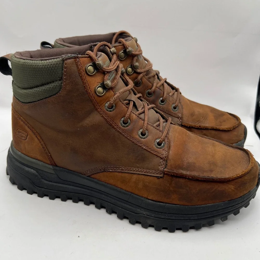Skechers Boswell Relaxed Fit Mens Brown Leather Moc Toe Boots Steady Grip 9.5